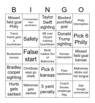 Superbowl Sunday! Bingo Card
