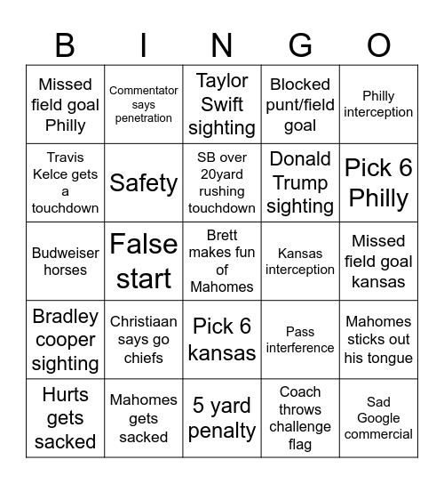 Superbowl Sunday! Bingo Card