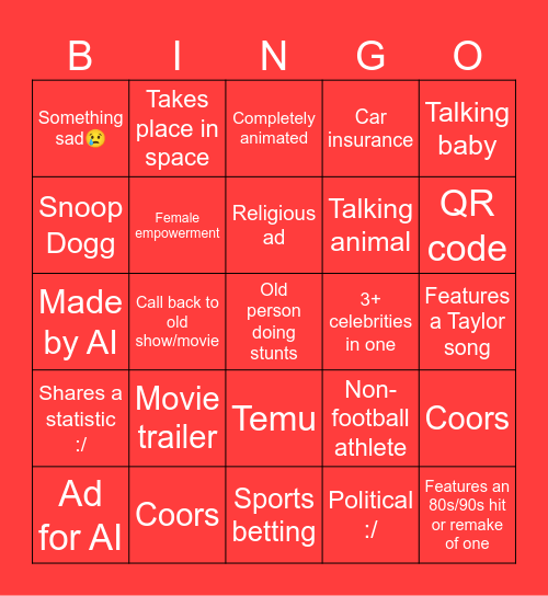SB LIX COMMERCIALS Bingo Card