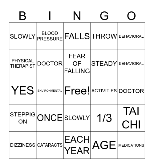 FALL PREVENTION Bingo Card