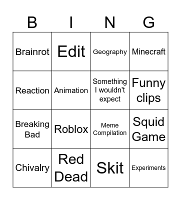 Youtube shorts Bingo Card