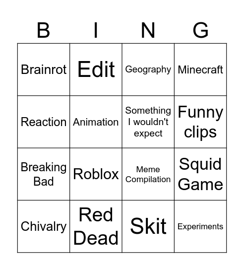 Youtube shorts Bingo Card