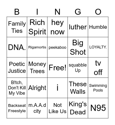 Kendrick SB Songs Bingo Card