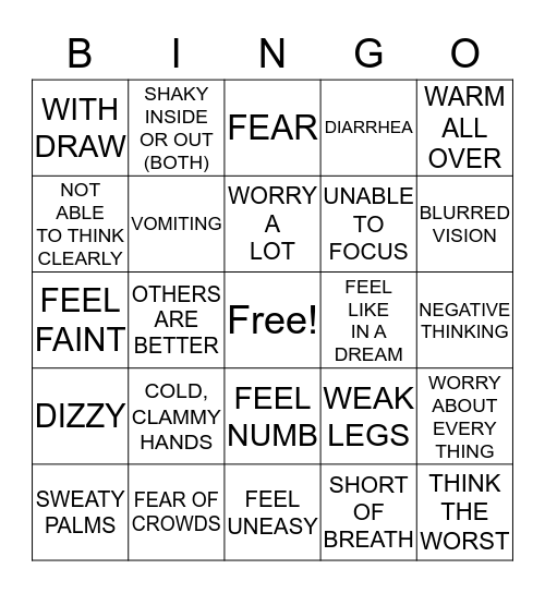 ANXIETY SYMPTOMS BINGO Card