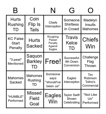 Super Bowl LIX Bingo Card