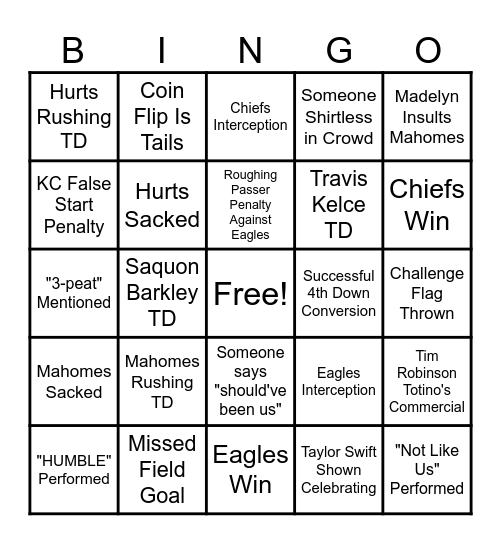 Super Bowl LIX Bingo Card