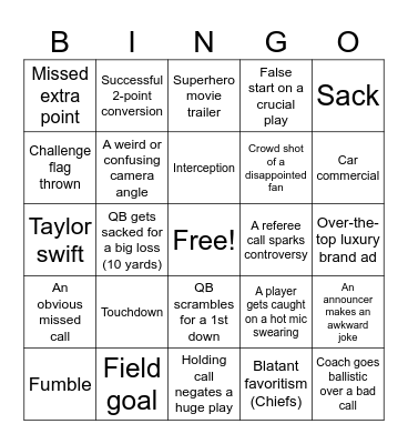Superbowl Sunday Bingo Card
