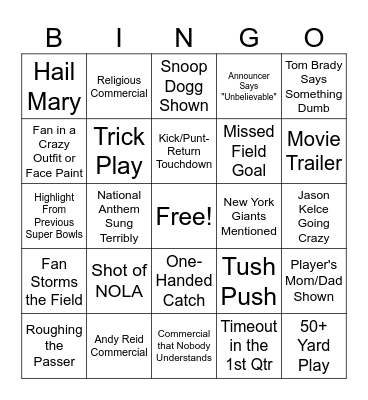 Super Bowl Bingo Card