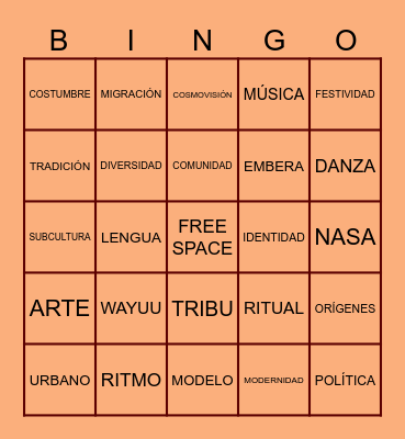 Culturas Tribales y Urbanas Bingo Card