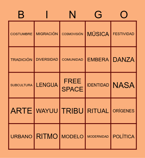 Culturas Tribales y Urbanas Bingo Card