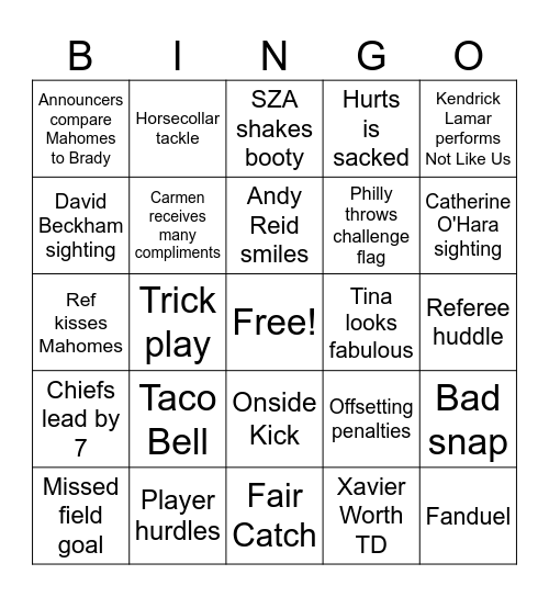 Super Bowl LIX Bingo Card