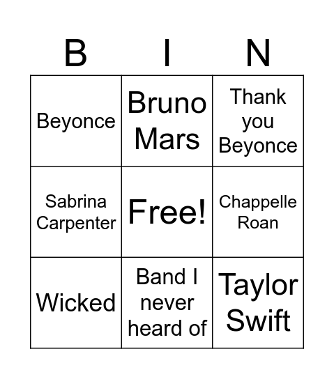 Grammys Bingo Card