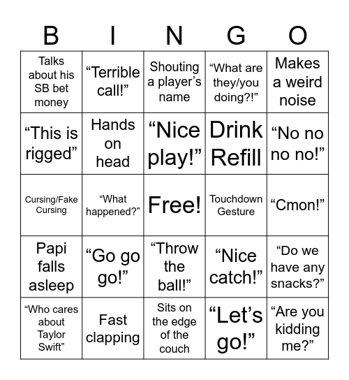 Super Bowl Bingo Card