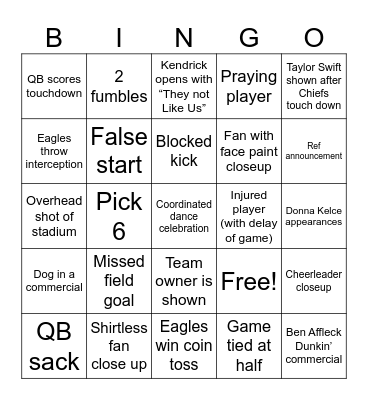 Super Bowl Bingo Card