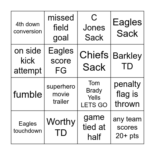 Super Bowl Bingo 2025 Bingo Card