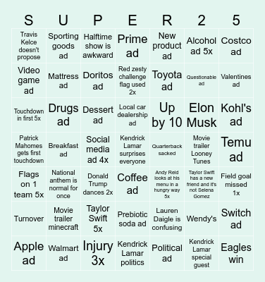 SuperBowl Bingo Card