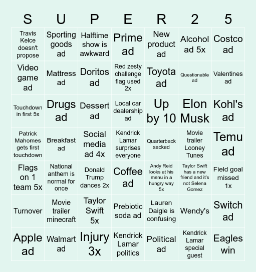 SuperBowl Bingo Card