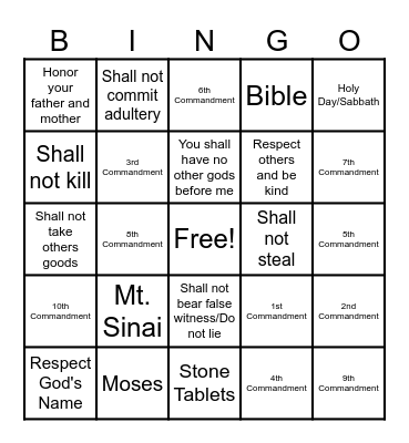 Ten Commandments BINGO Card