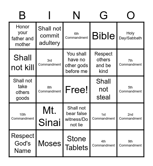 Ten Commandments BINGO Card