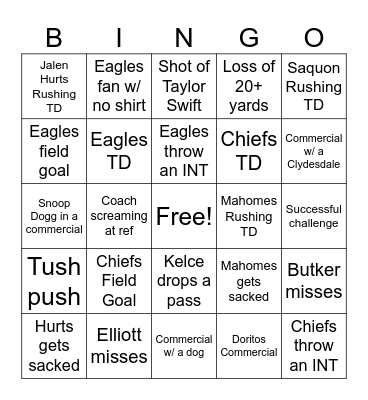 Super Bowl Bingo Card