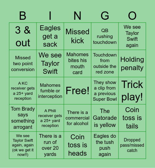 Super Bowl Bingo Card