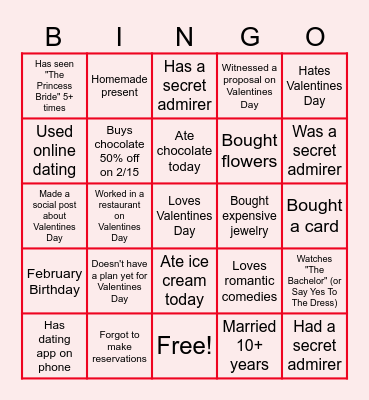 Virtual Valentine's Day Bingo Card