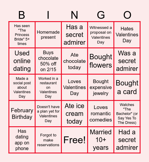 Virtual Valentine's Day Bingo Card