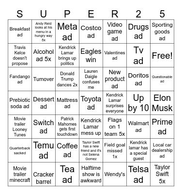 SuperBowl Bingo Card