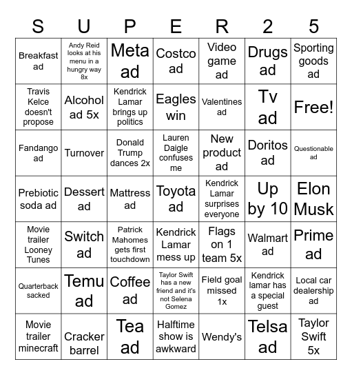 SuperBowl Bingo Card