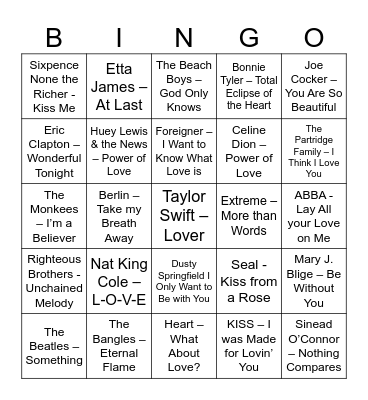Love Song BINGO Card