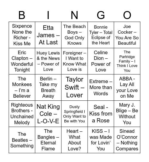 Love Song BINGO Card