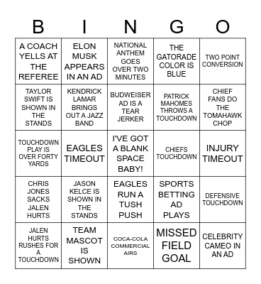 Super Bowl Bingo Card