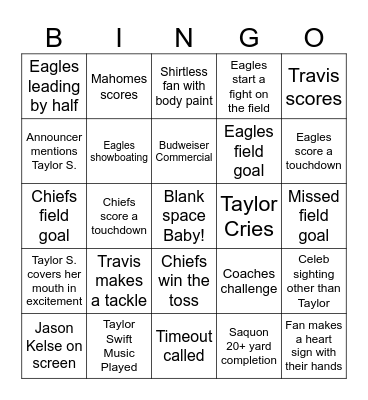 Superbowl 2025 Bingo Card