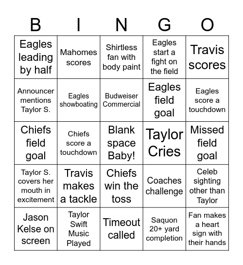 Superbowl 2025 Bingo Card