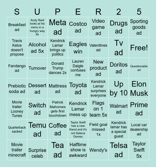 SuperBowl Bingo Card