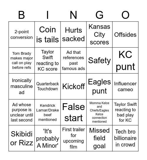 Superbowl LIX Bingo Card