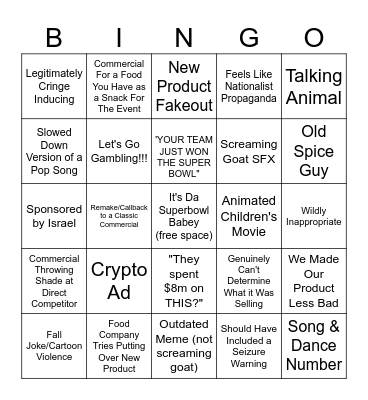 Super Bowl Ad Bingo Card