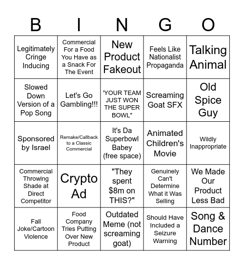Super Bowl Ad Bingo Card