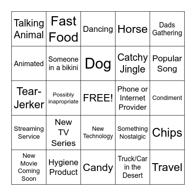 Super Bowl Commercial Bingo Card