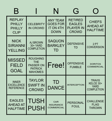 SUPERBOWL LIX EAGLES V CHIEFS BINGO Card