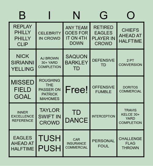 SUPERBOWL LIX EAGLES V CHIEFS BINGO Card