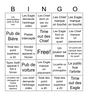 Super Bowl Bingo Card