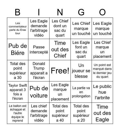 Super Bowl Bingo Card