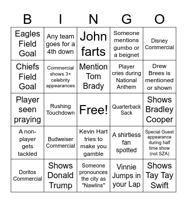 Both Teams Suck Superbowl Bingo Card