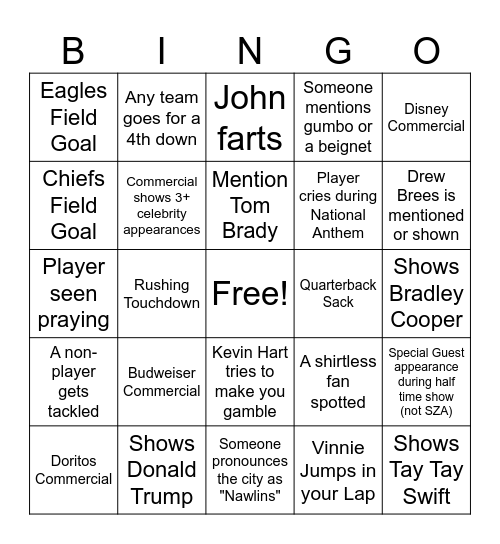 Both Teams Suck Superbowl Bingo Card