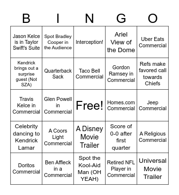 Superbowl Bingo Card