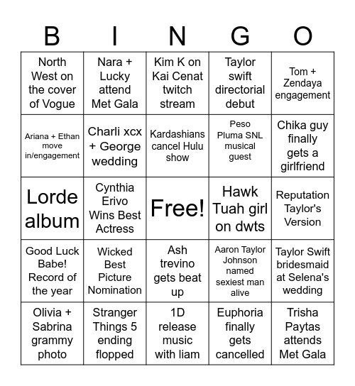 2025 POP CULTURE BINGO Card