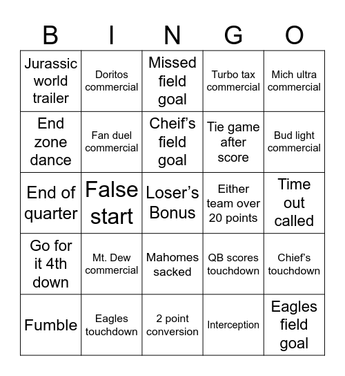 SUPERBOWL! Bingo Card