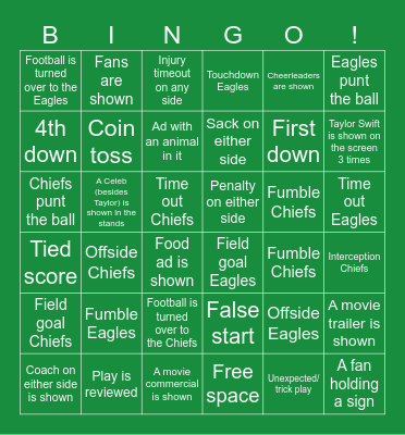 Superbowl LIX  Eagles v. Chiefs Bingo Card
