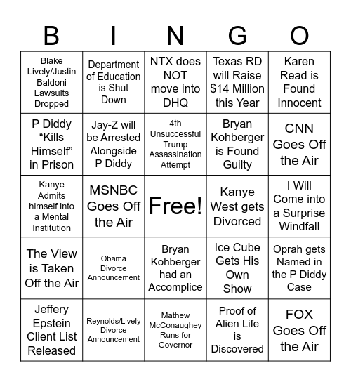 Lisa's 2025 Predictions Bingo Card